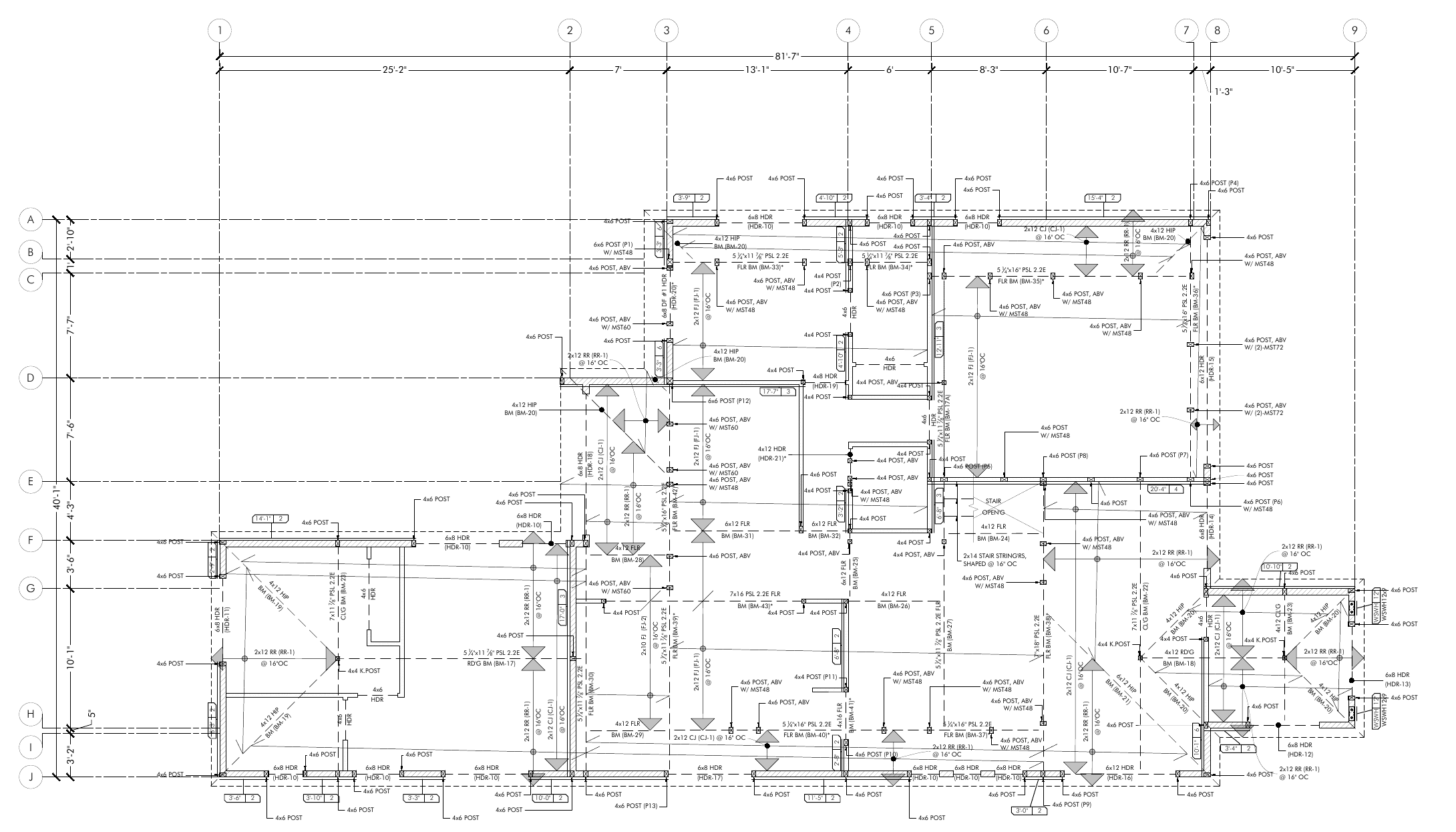 Second-floor and low-roof structural framing drawing for the Menlo Park custom residence.
