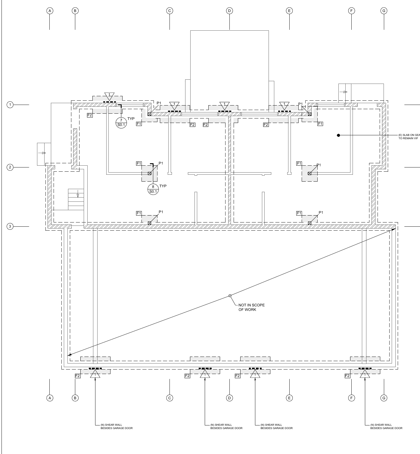 Oakland basement structural plan showing new footings, posts, and shear walls at garage openings.
