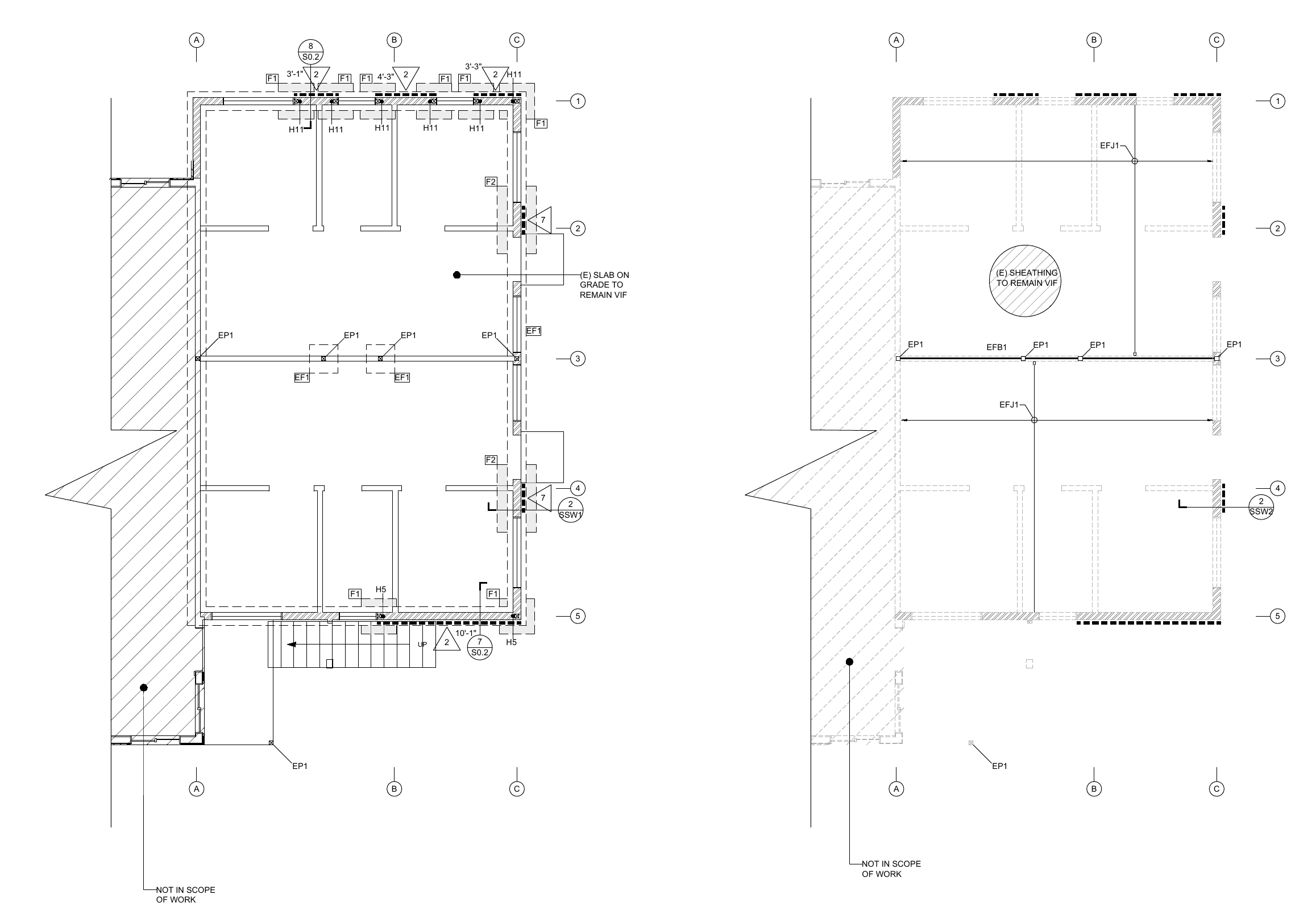 Oakland garage-level foundation and framing plans showing wood and steel shear walls alongside retained structure.