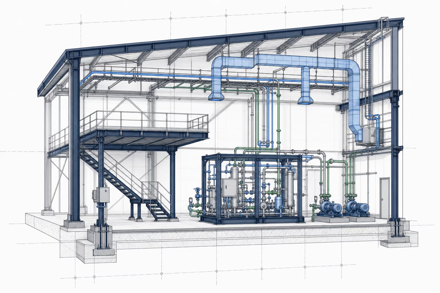 Conceptual commercial tenant improvement section with coordinated building systems.