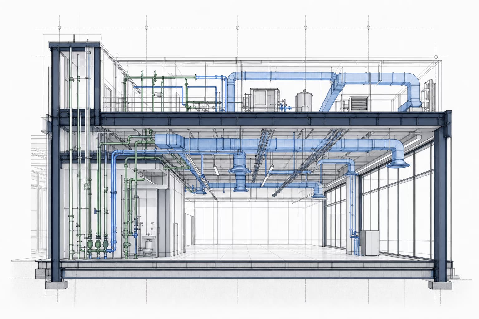 Conceptual industrial section with integrated equipment and building systems.
