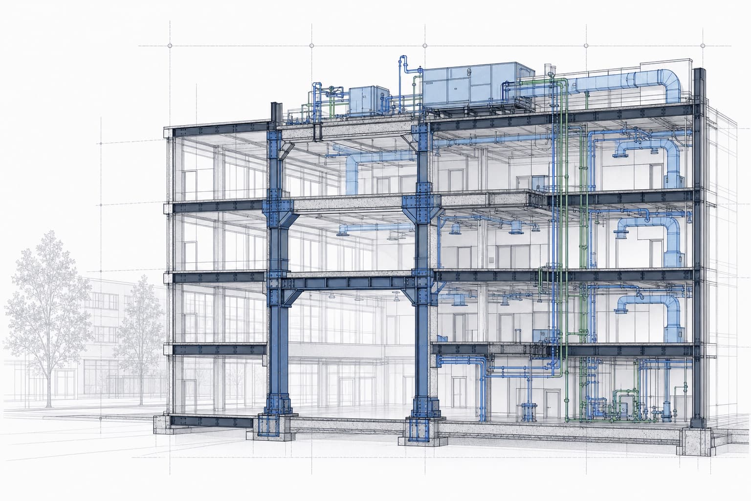Conceptual existing commercial building section with integrated structural and building-systems upgrades.