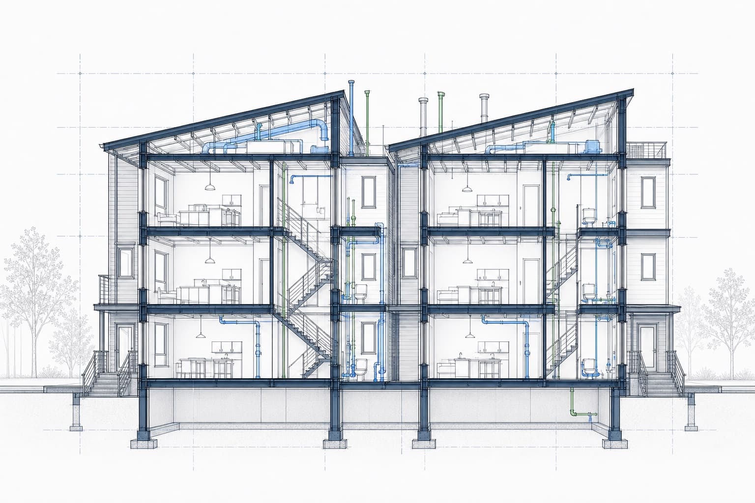 Conceptual low-rise multifamily section with coordinated structural framing and building systems.