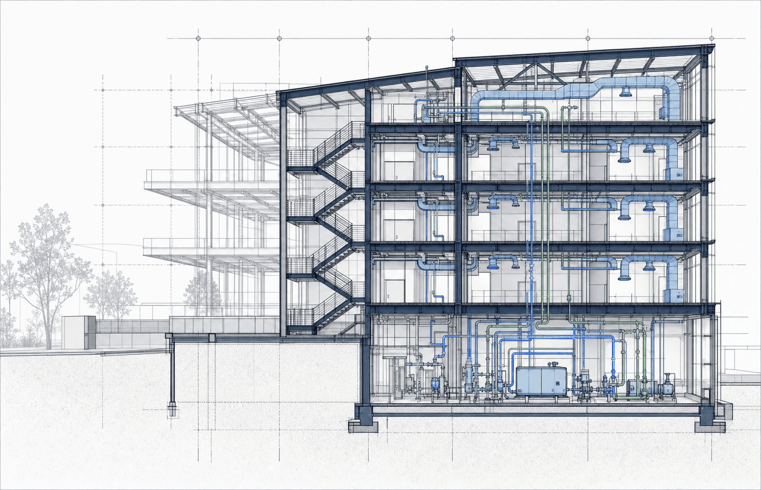 Technical building section showing structural framing and coordinated MEP systems.